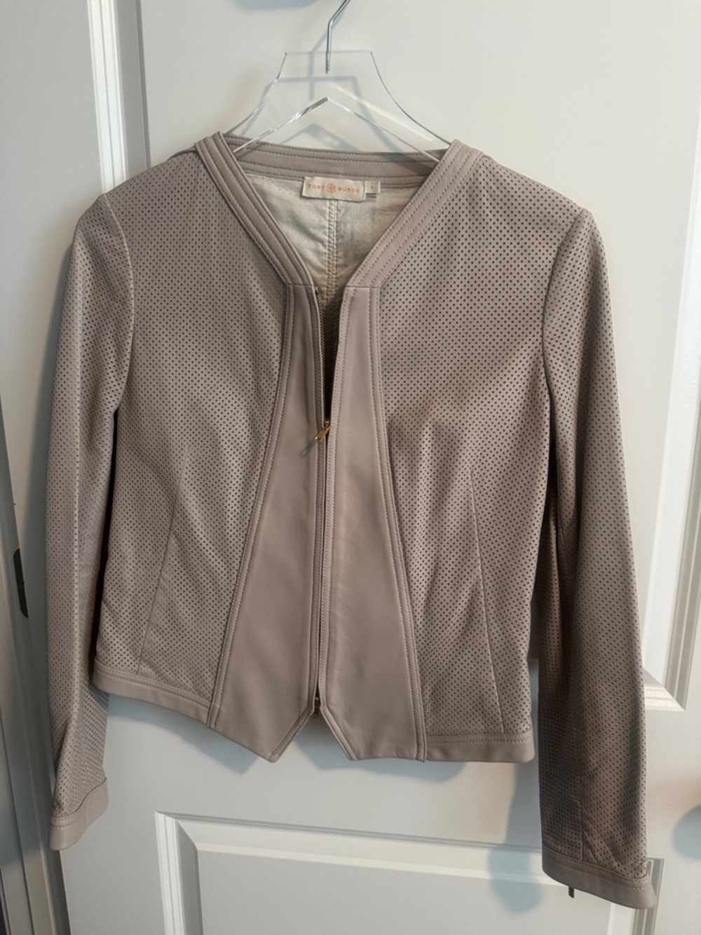 Tory Burch Perforated Leather Jacket - Taupe